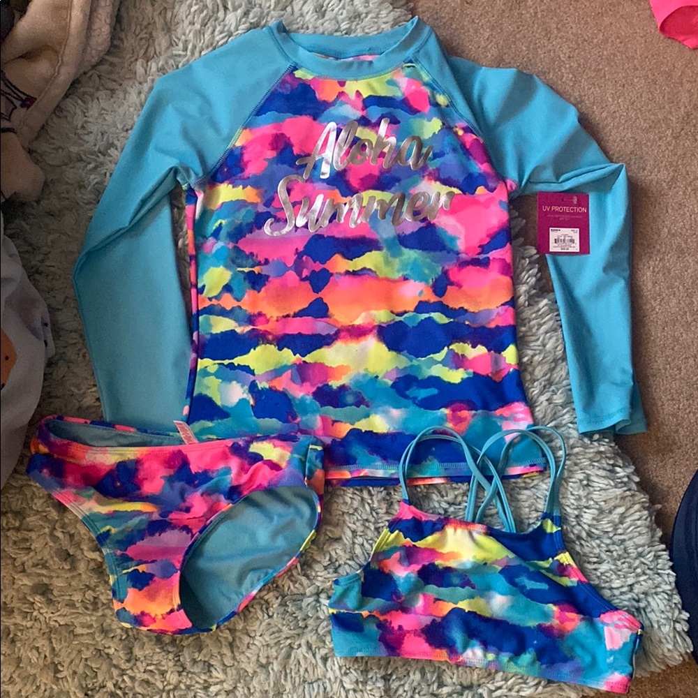 Rainbow print swim set with rashguard - size 12 - some NWT
